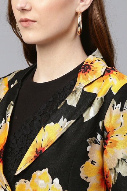 Women's Black Floral Silk Blazer