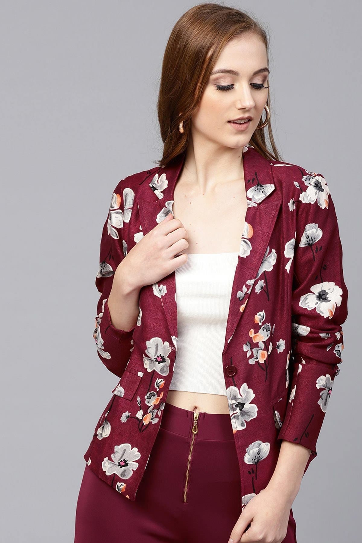 Women's Burgundy Floral Silk Blazer