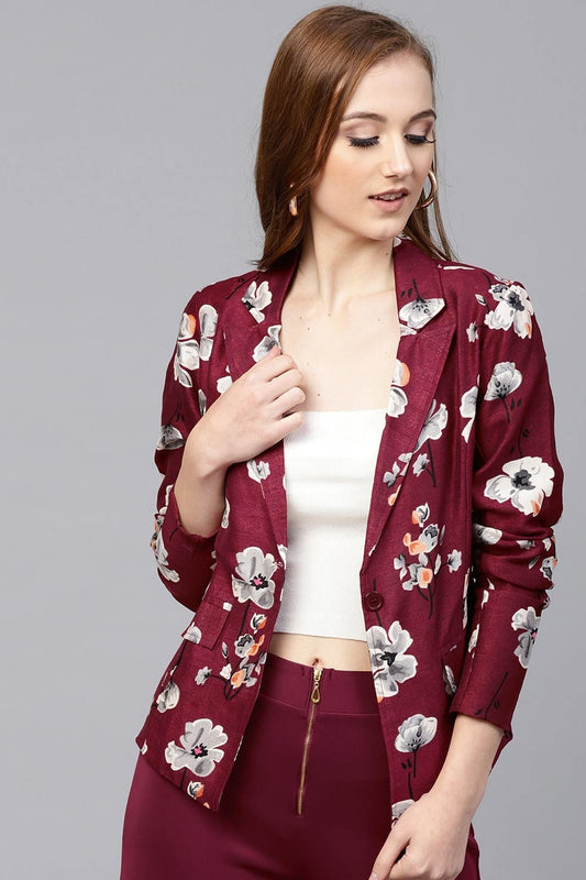 Women's Burgundy Floral Silk Blazer