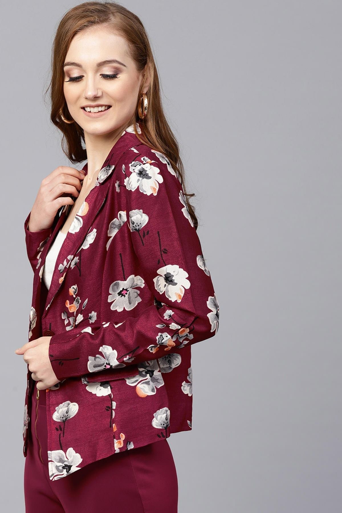 Women's Burgundy Floral Silk Blazer