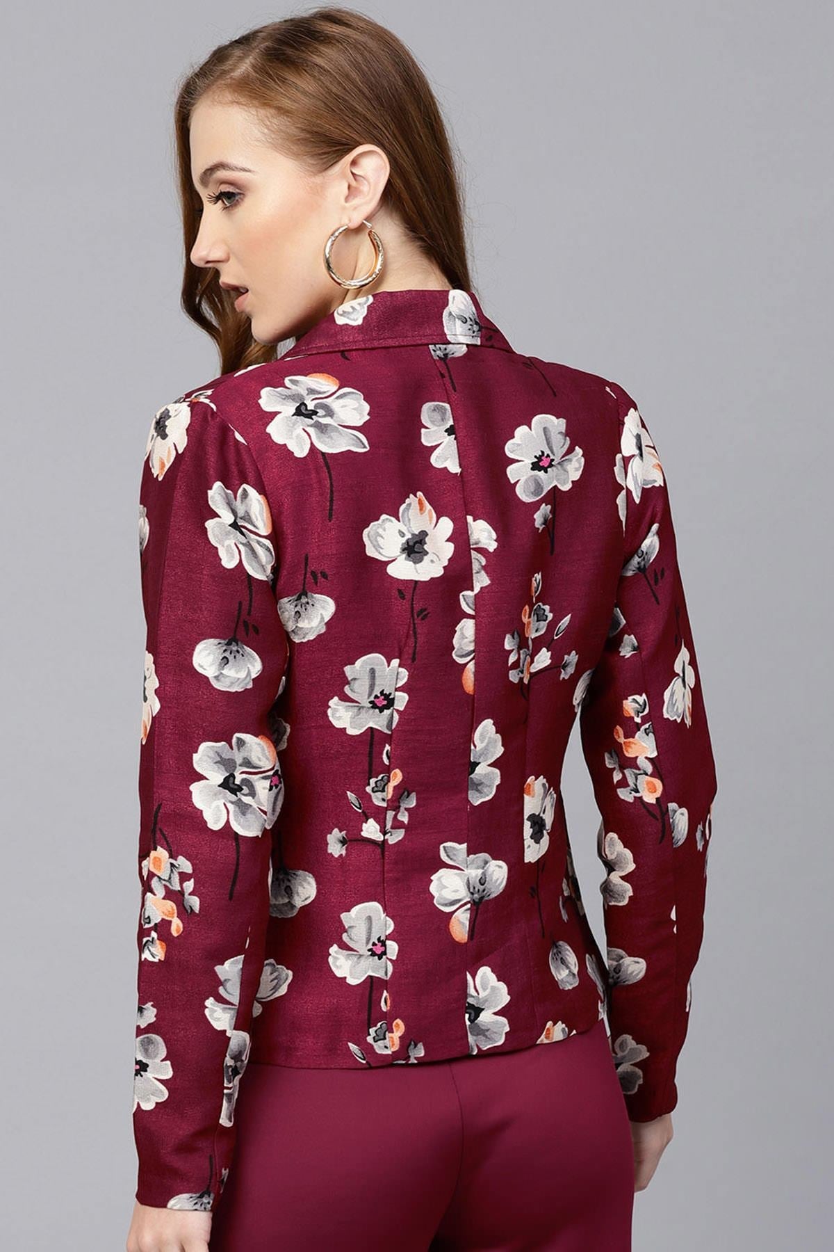 Women's Burgundy Floral Silk Blazer