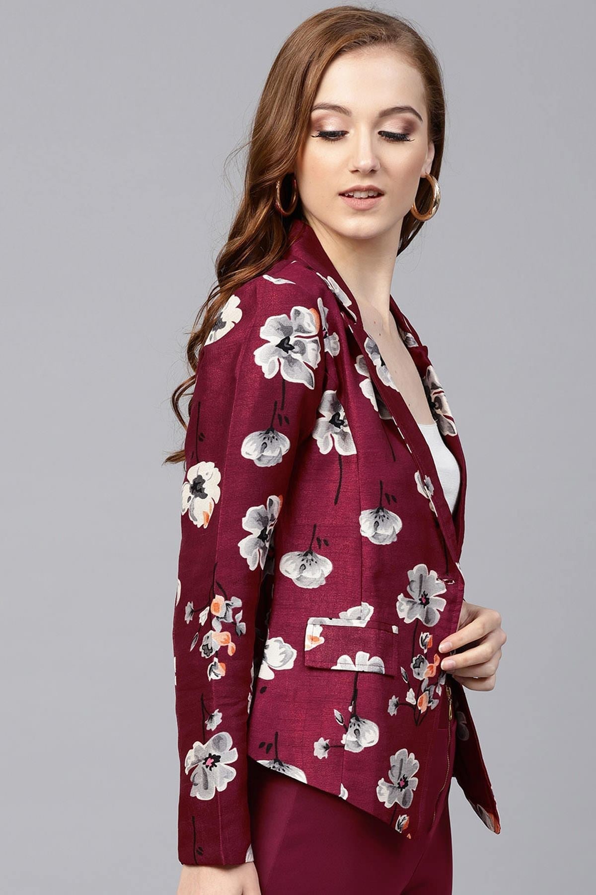 Women's Burgundy Floral Silk Blazer