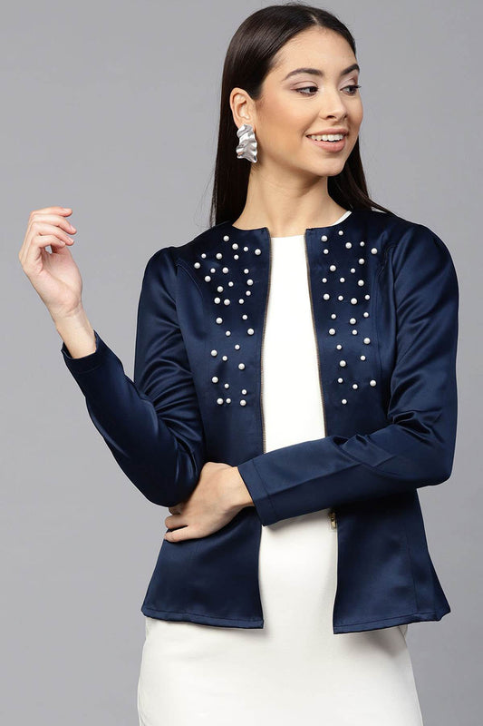 Women's Navy Pearl Studded Jacket
