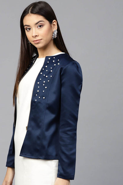 Women's Navy Pearl Studded Jacket