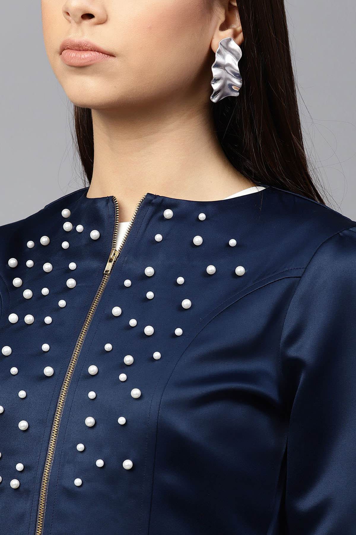 Women's Navy Pearl Studded Jacket