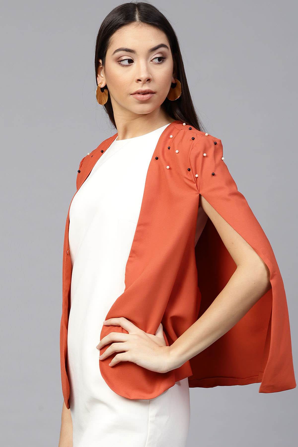 Women's Rust Pearl Embellished Cape