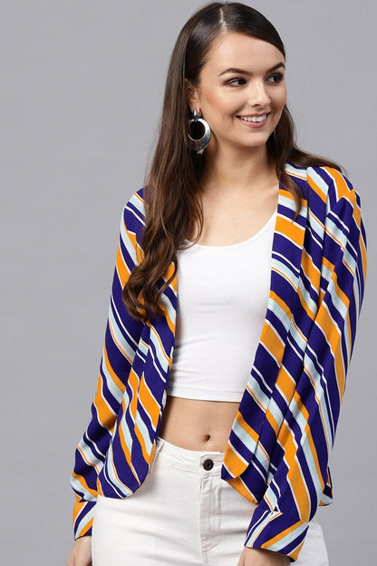 Women's Blue & Yellow Stripe Front Open Blazer