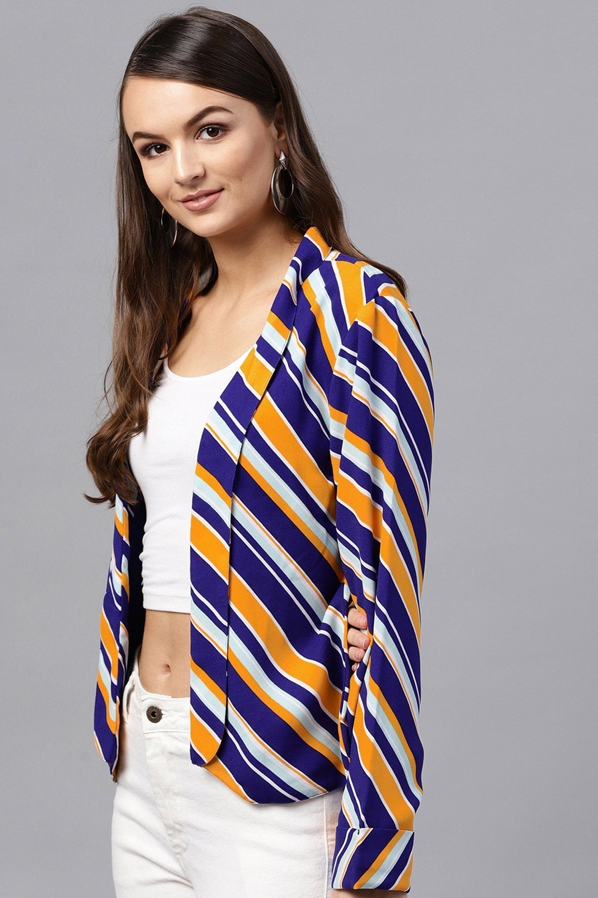Women's Blue & Yellow Stripe Front Open Blazer