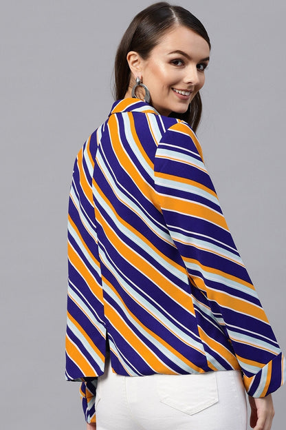 Women's Blue & Yellow Stripe Front Open Blazer