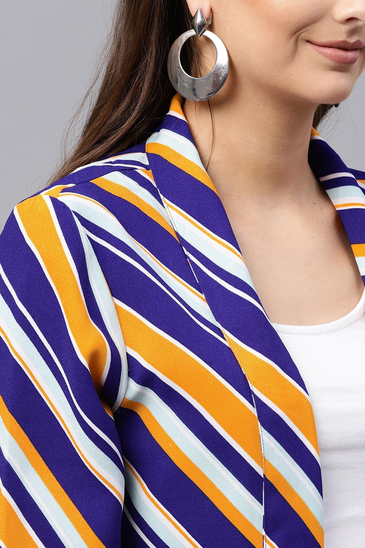 Women's Blue & Yellow Stripe Front Open Blazer