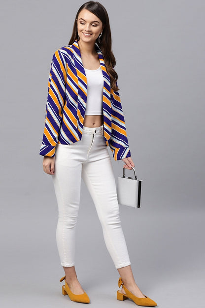 Women's Blue & Yellow Stripe Front Open Blazer