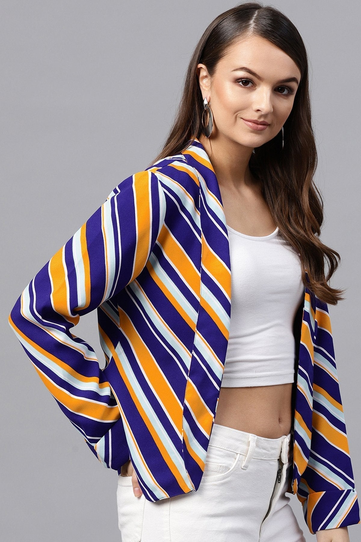 Women's Blue & Yellow Stripe Front Open Blazer