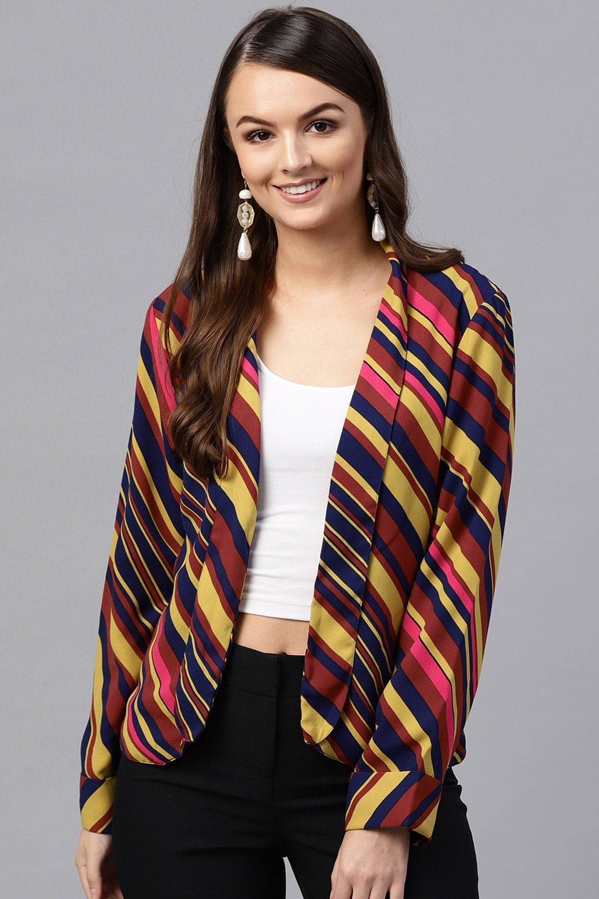 Women's Pink & Olive Stripe Front Open Blazer