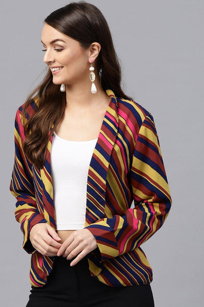 Women's Pink & Olive Stripe Front Open Blazer