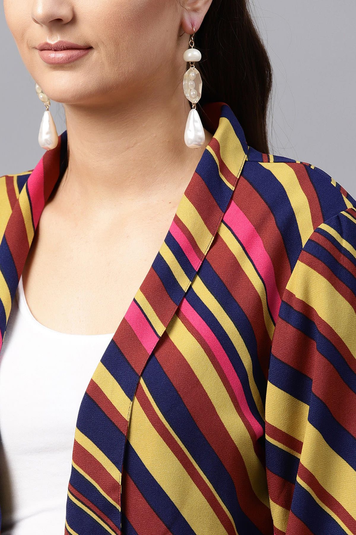 Women's Pink & Olive Stripe Front Open Blazer