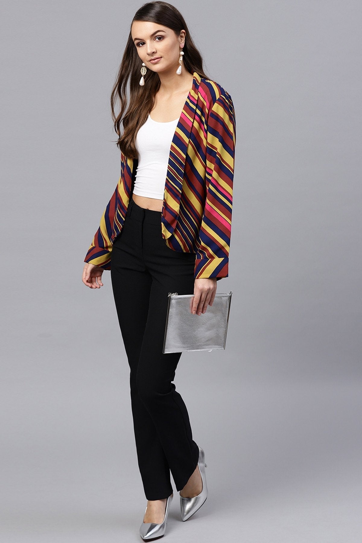 Women's Pink & Olive Stripe Front Open Blazer