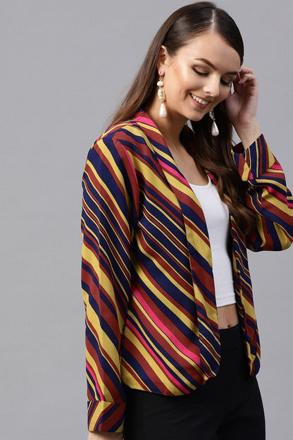 Women's Pink & Olive Stripe Front Open Blazer