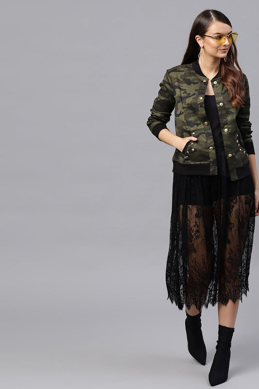 Women's Camouflage Buttoned Bomber Jacket
