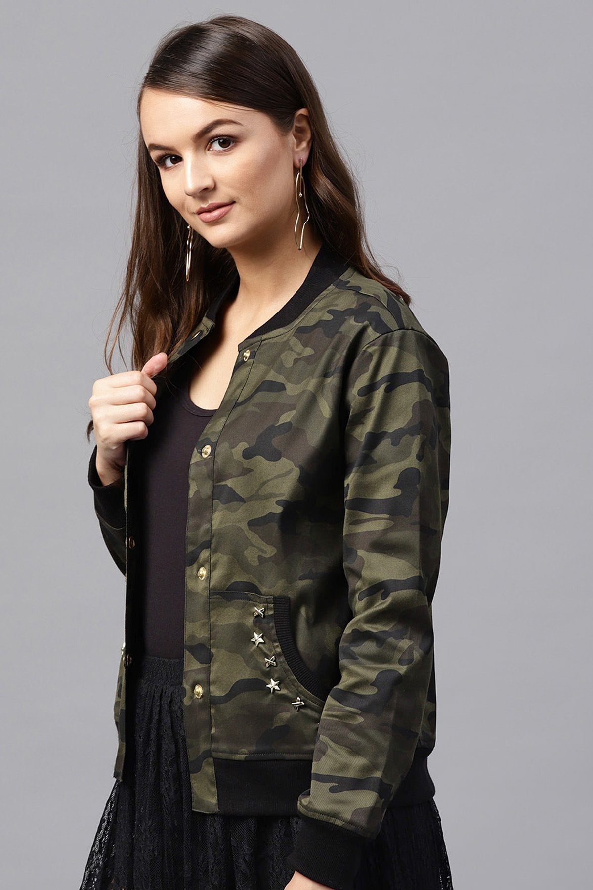 Women's Camouflage Buttoned Bomber Jacket