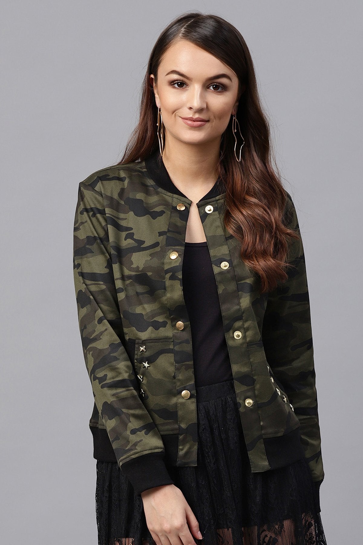Women's Camouflage Buttoned Bomber Jacket