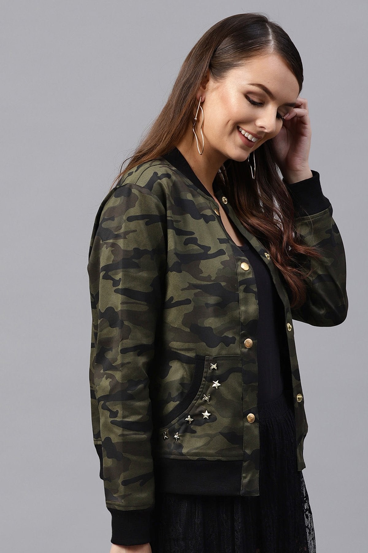 Women's Camouflage Buttoned Bomber Jacket