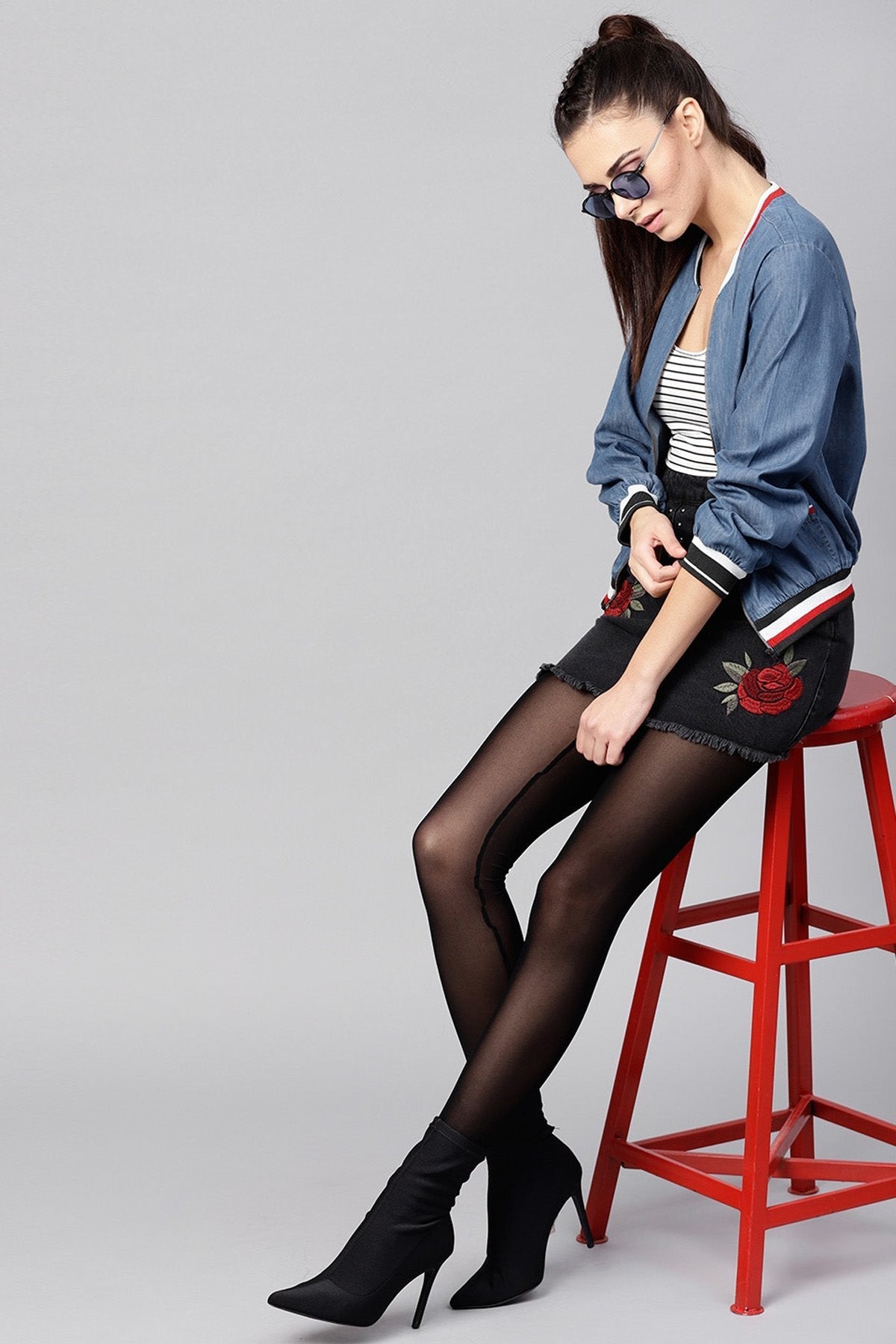Women's Blue Denim Striped Rib Bomber Jacket