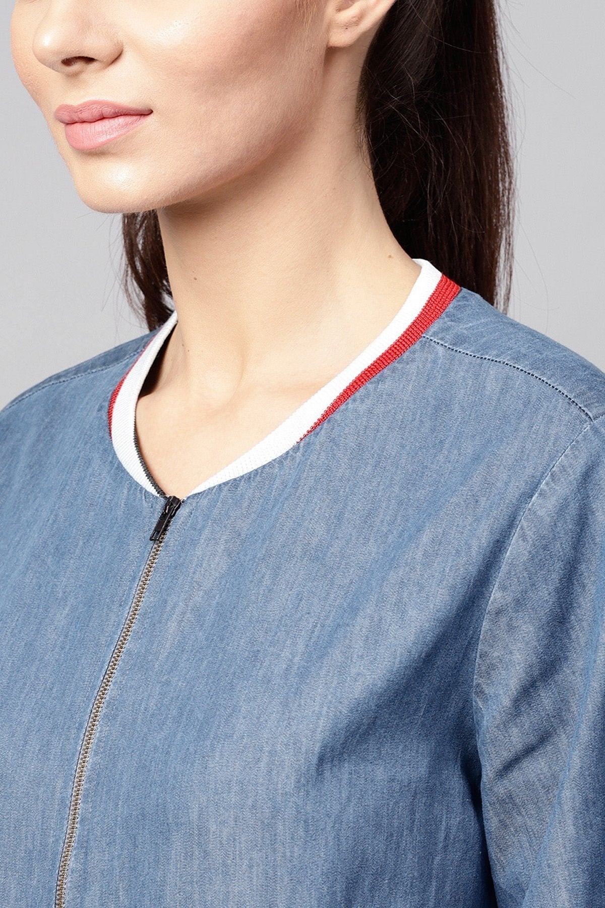 Women's Blue Denim Striped Rib Bomber Jacket