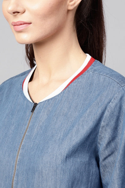 Women's Blue Denim Striped Rib Bomber Jacket