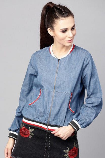 Women's Blue Denim Striped Rib Bomber Jacket