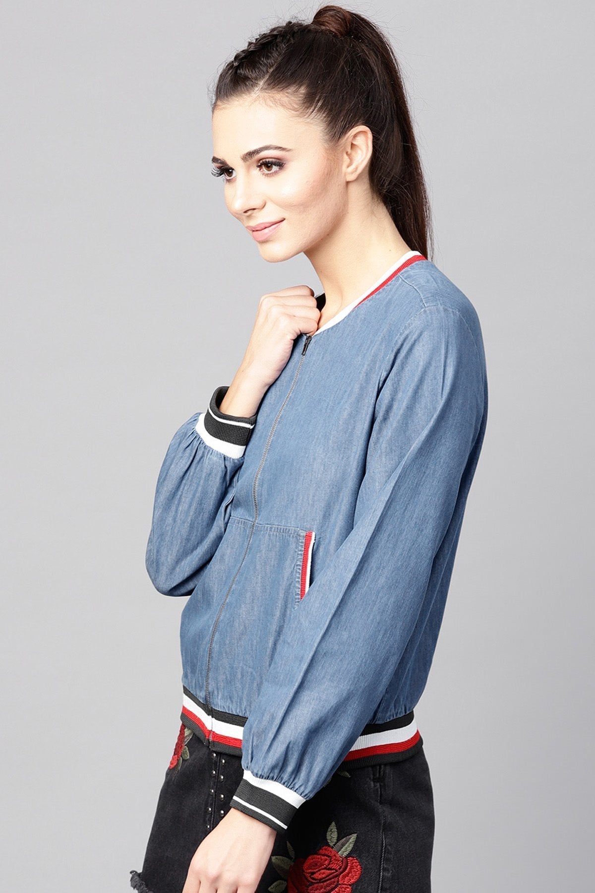 Women's Blue Denim Striped Rib Bomber Jacket