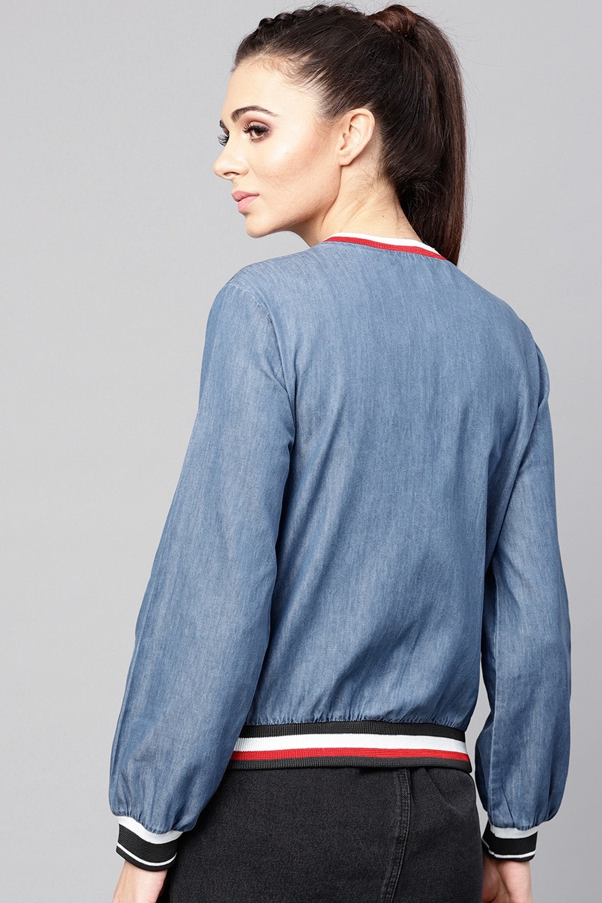 Women's Blue Denim Striped Rib Bomber Jacket
