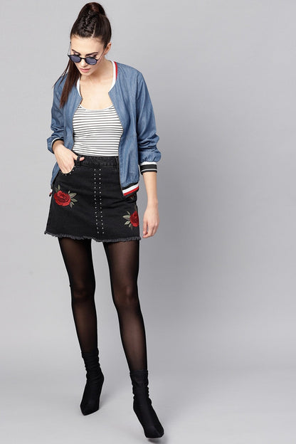 Women's Blue Denim Striped Rib Bomber Jacket