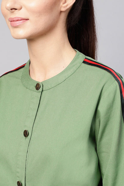 Women's Olive Denim Bomber Sleeve Tape Jacket