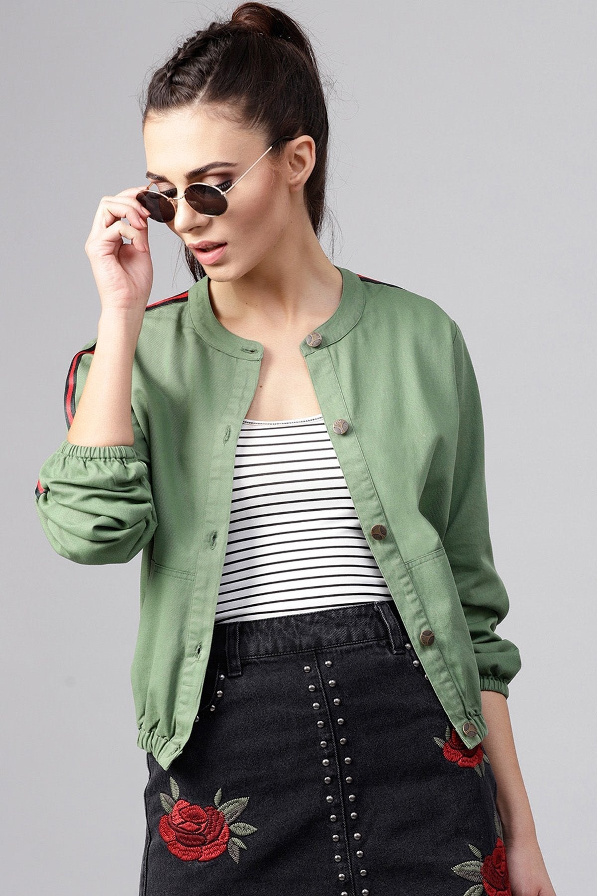 Women's Olive Denim Bomber Sleeve Tape Jacket