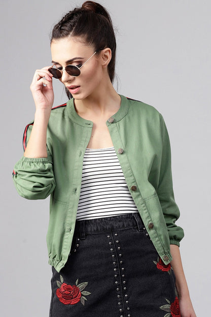 Women's Olive Denim Bomber Sleeve Tape Jacket