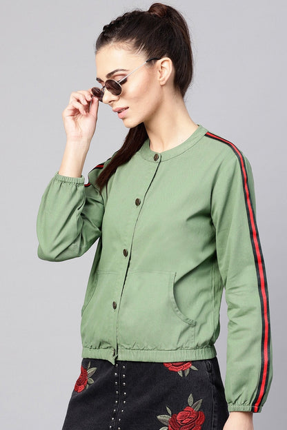 Women's Olive Denim Bomber Sleeve Tape Jacket