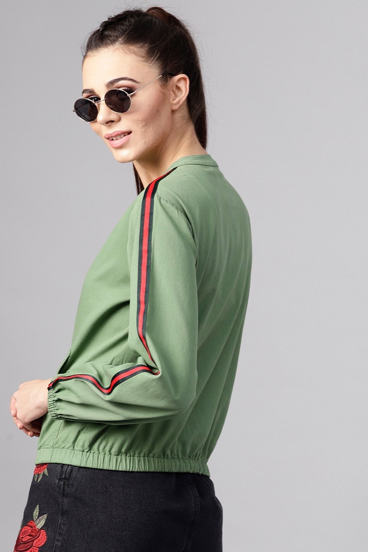 Women's Olive Denim Bomber Sleeve Tape Jacket