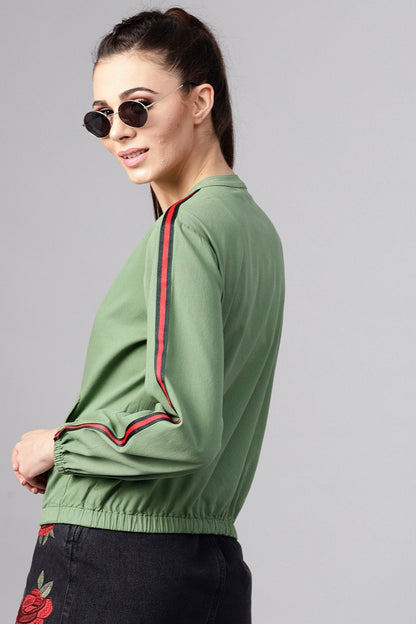 Women's Olive Denim Bomber Sleeve Tape Jacket