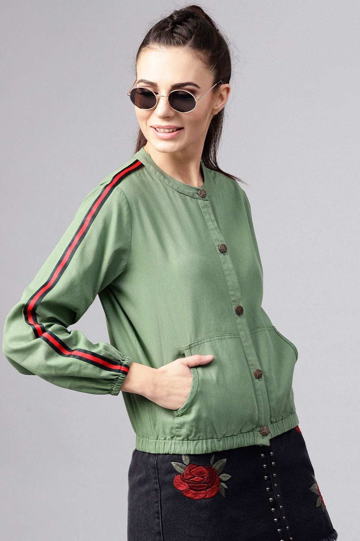 Women's Olive Denim Bomber Sleeve Tape Jacket