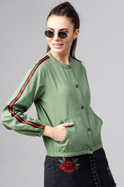Women's Olive Denim Bomber Sleeve Tape Jacket