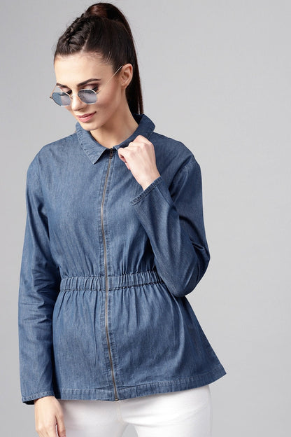 Women's Blue Denim Cinched Waist Zipper Jacket