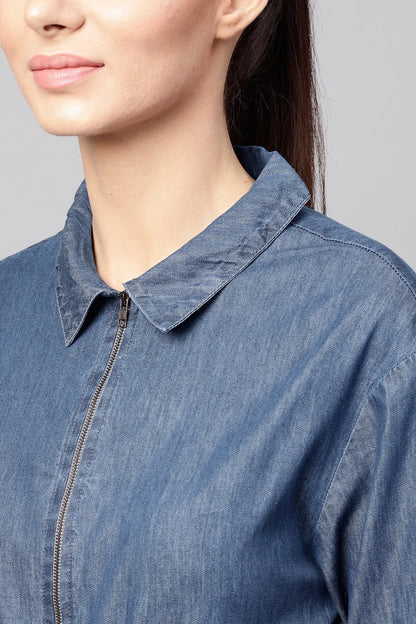 Women's Blue Denim Cinched Waist Zipper Jacket