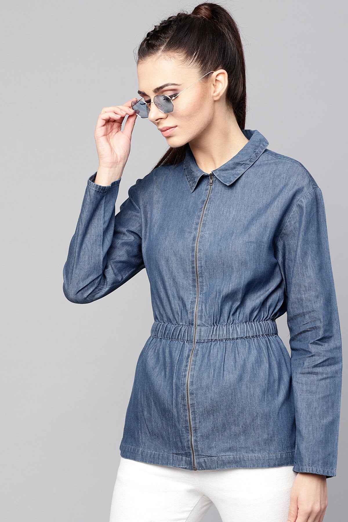 Women's Blue Denim Cinched Waist Zipper Jacket