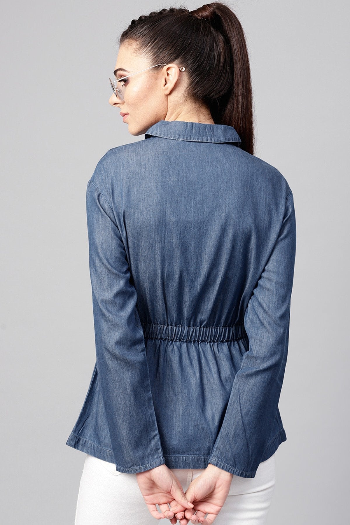 Women's Blue Denim Cinched Waist Zipper Jacket