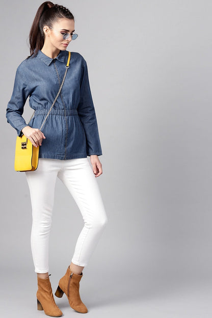 Women's Blue Denim Cinched Waist Zipper Jacket