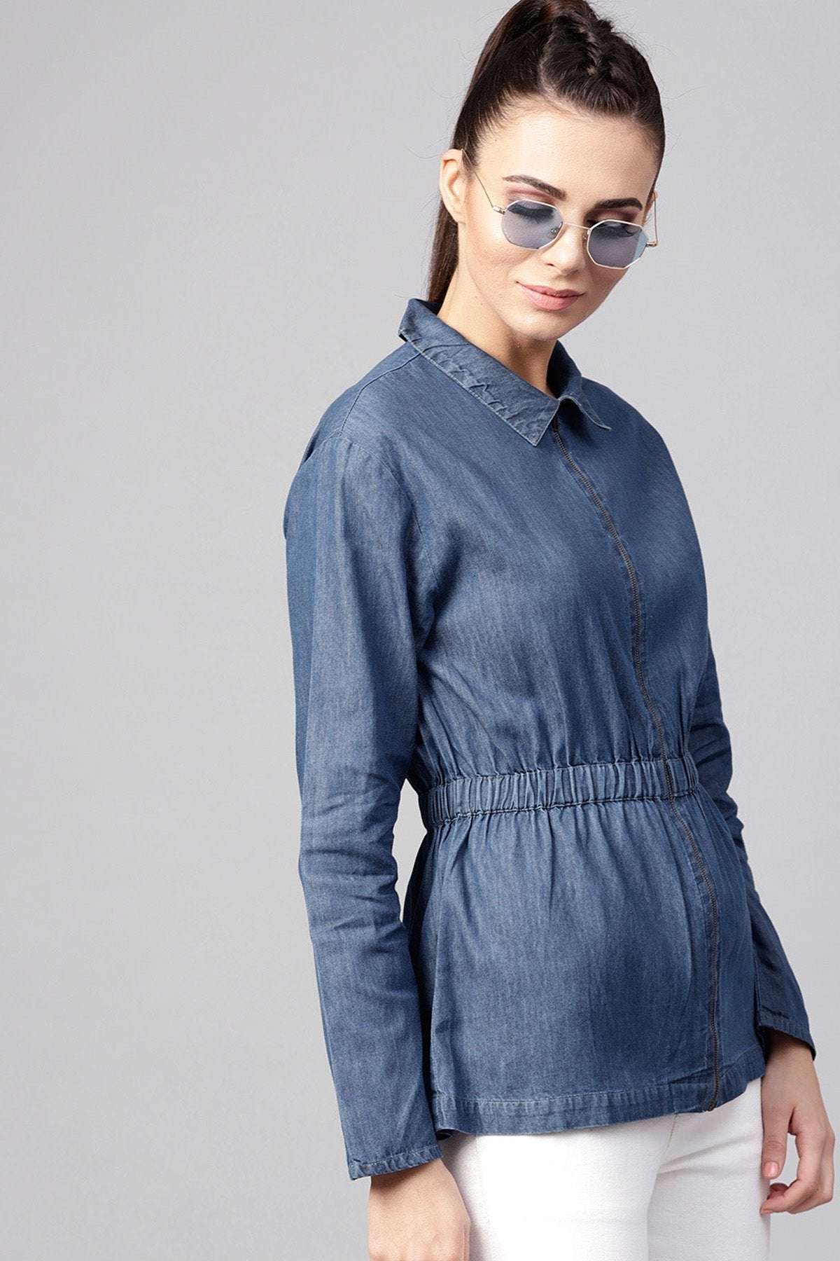 Women's Blue Denim Cinched Waist Zipper Jacket