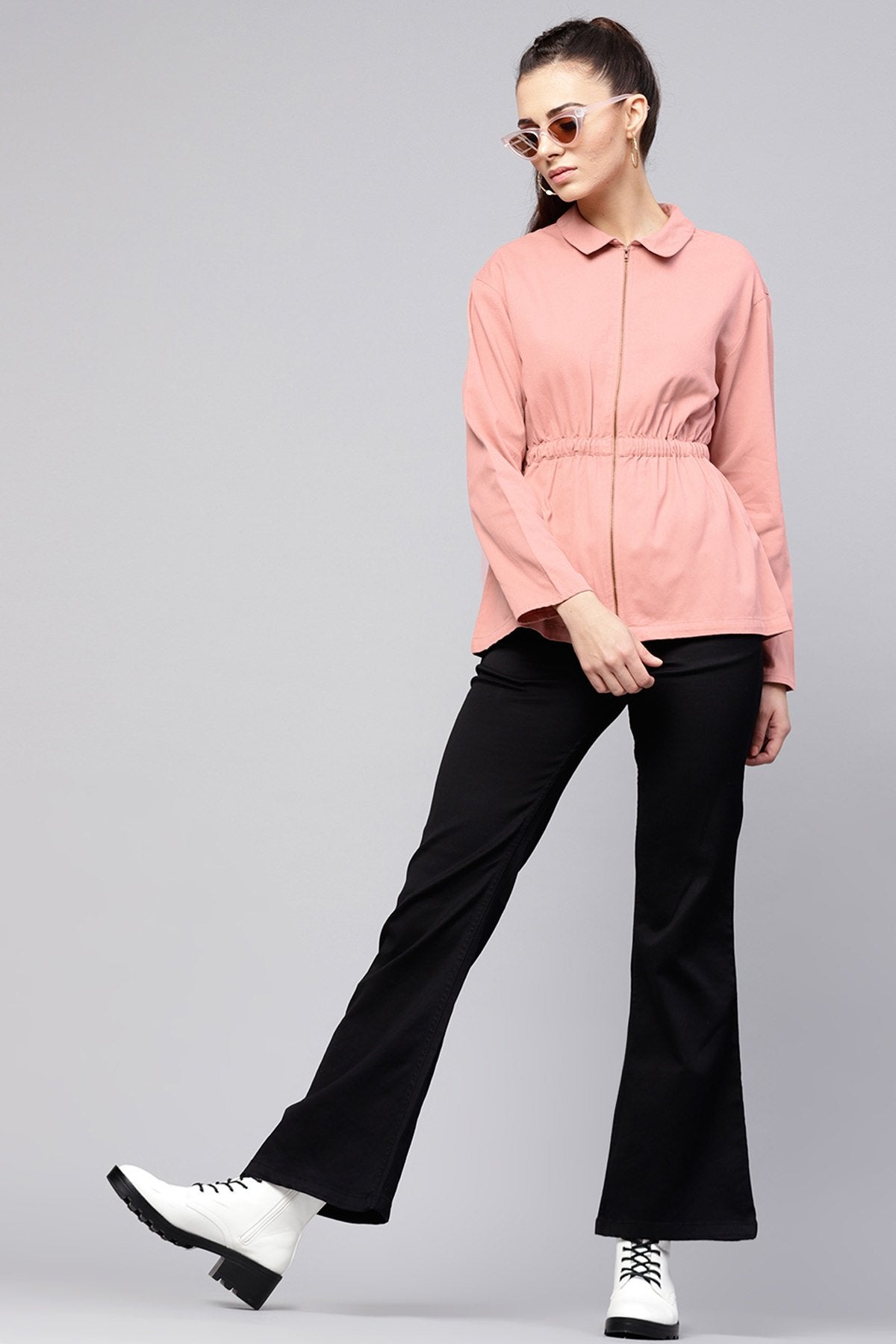 Women's Pink Denim Cinched Waist Zipper Jacket
