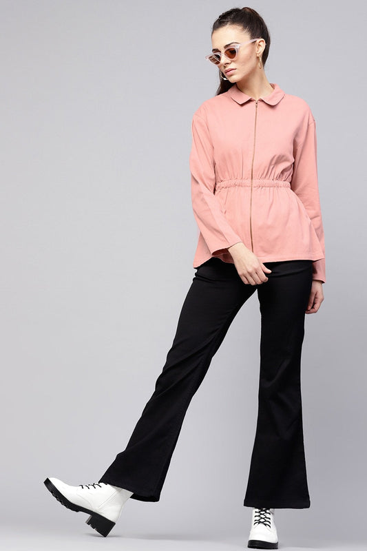 Women's Pink Denim Cinched Waist Zipper Jacket