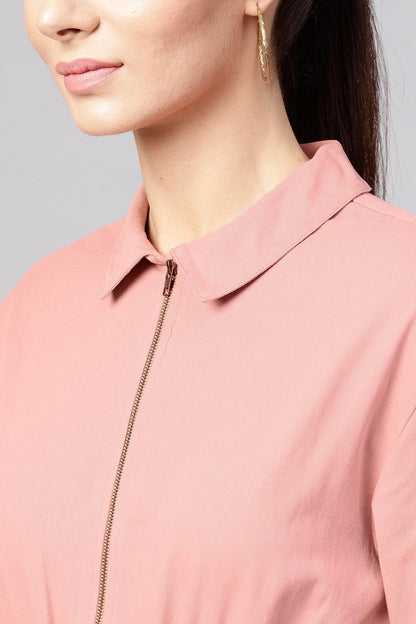 Women's Pink Denim Cinched Waist Zipper Jacket