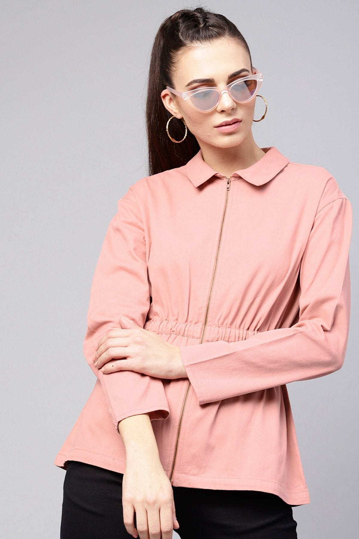 Women's Pink Denim Cinched Waist Zipper Jacket